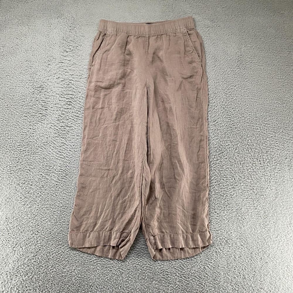 Tahari Linen Wide Leg Pants Womens Large Brown Elastic Waist Pockets Summer